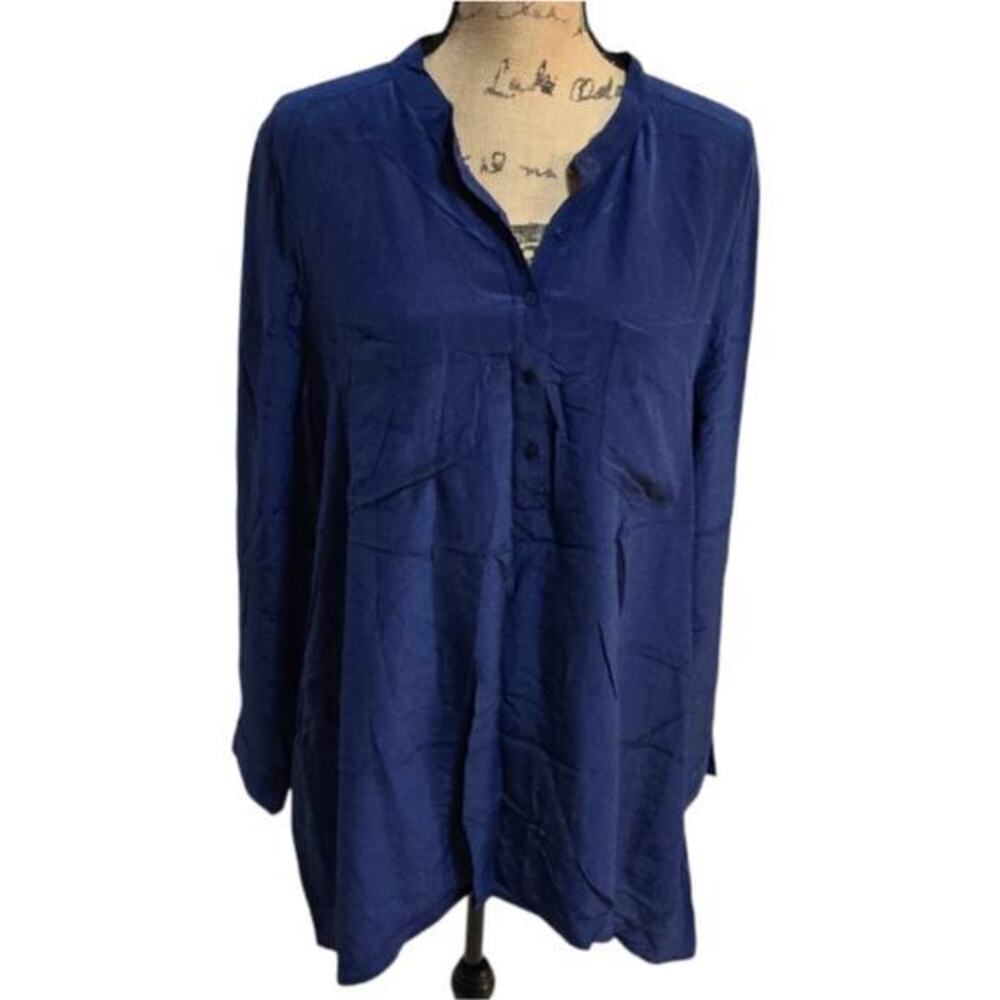 Eileen Fisher Navy Blue 100% Silk Mandarin‎ Collar Button Front Tunic Top Size M